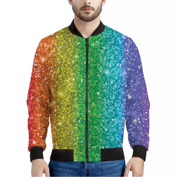 Rainbow Glitter Print Bomber Jacket