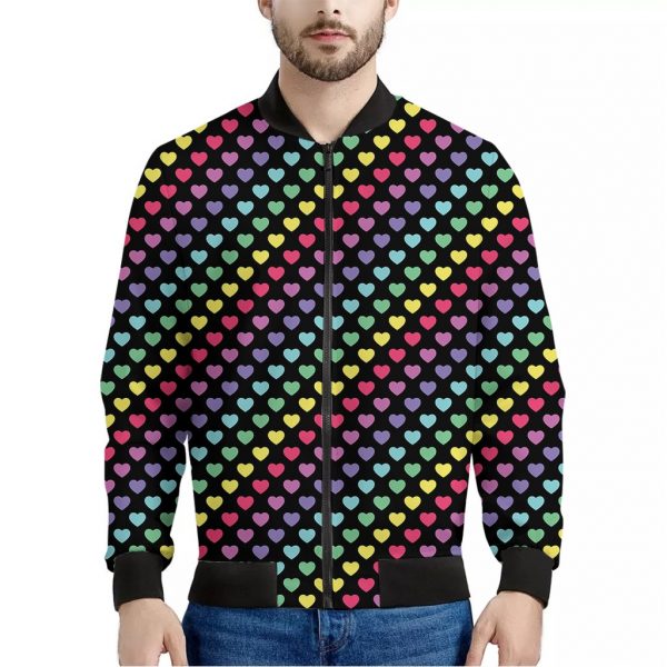 Rainbow Heart Pattern Print Bomber Jacket