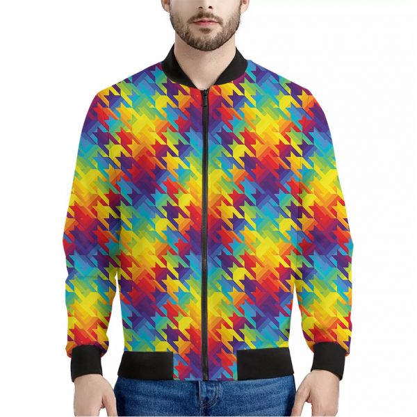 Rainbow Houndstooth Pattern Print Bomber Jacket