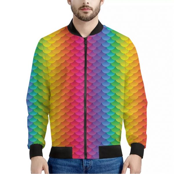 Rainbow Mermaid Scale Pattern Print Bomber Jacket