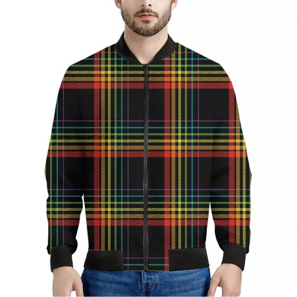 Rainbow Tartan Pattern Print Bomber Jacket