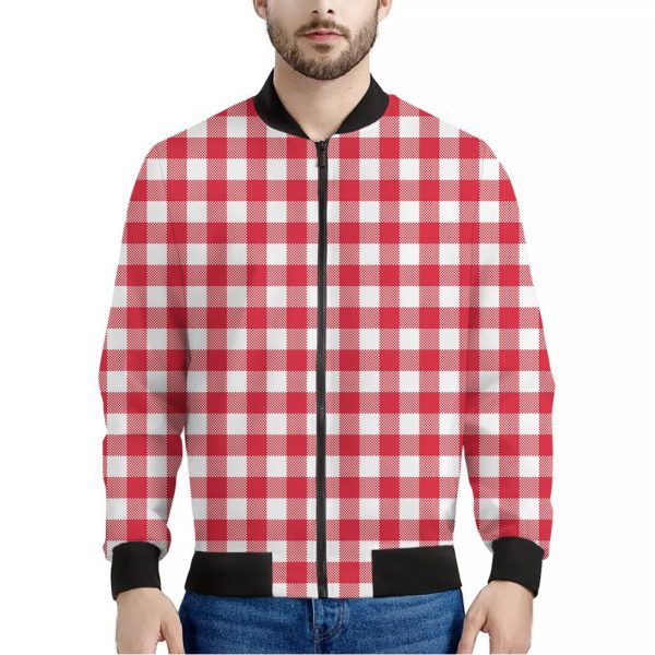 Raspberry Red And White Gingham Print Bomber Jacket