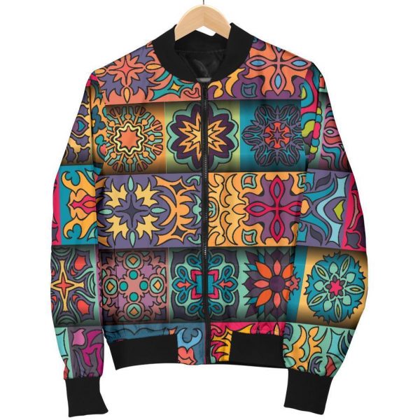 Rectangle Mandala Bohemian Pattern Print Bomber Jacket