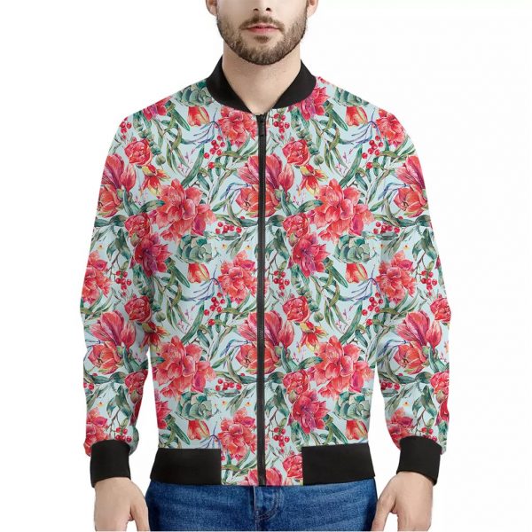 Red Amaryllis Pattern Print Bomber Jacket