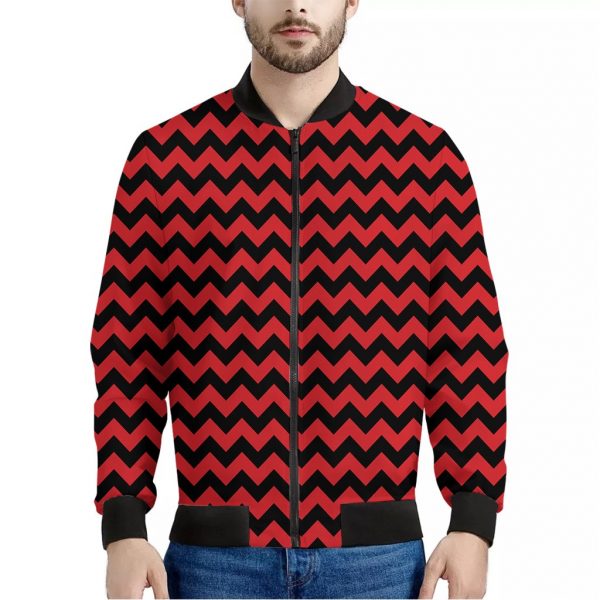 Red And Black Chevron Pattern Print Bomber Jacket