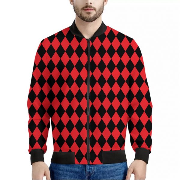 Red And Black Harlequin Pattern Print Bomber Jacket