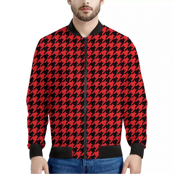 Red And Black Houndstooth Pattern Print Bomber Jacket