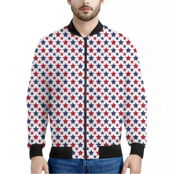 Red And Blue American Star Pattern Print Bomber Jacket