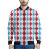 Red And Blue Argyle Pattern Print Bomber Jacket