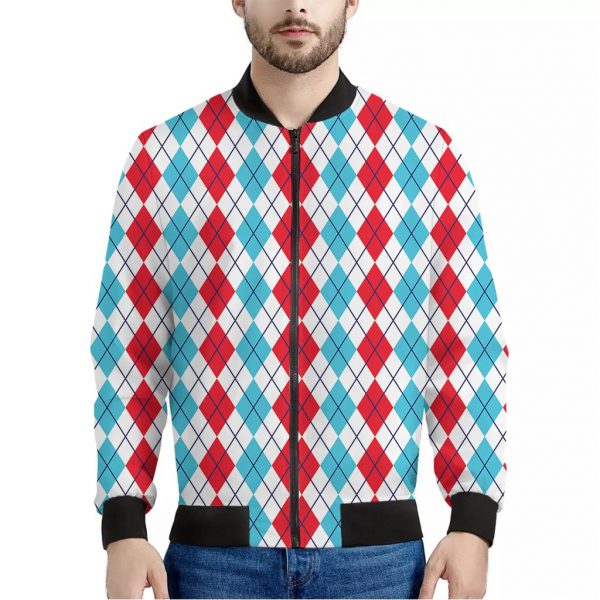 Red And Blue Argyle Pattern Print Bomber Jacket