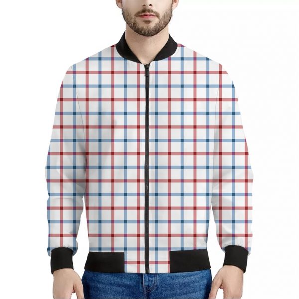 Red And Blue Tattersall Pattern Print Bomber Jacket