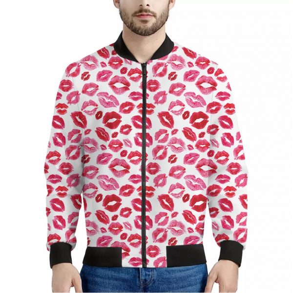 Red And Pink Lips Pattern Print Bomber Jacket