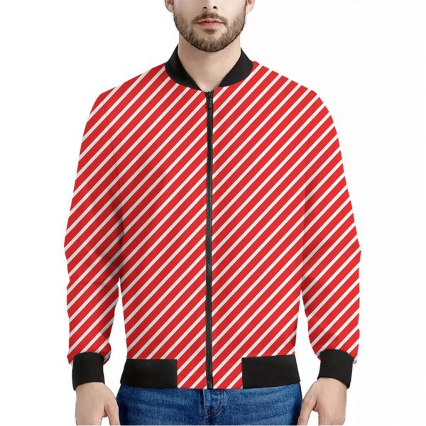 Red And White Candy Cane Pattern Print Bomber Jacket