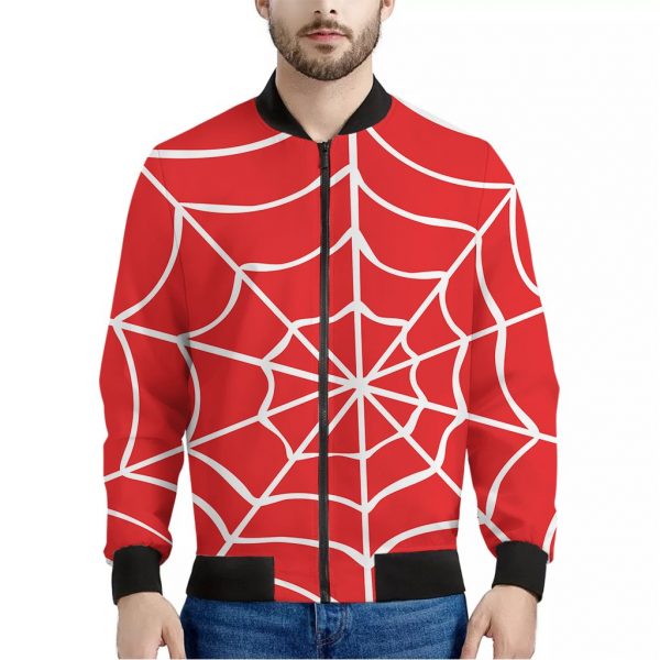 Red And White Spider Web Pattern Print Bomber Jacket