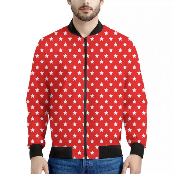 Red And White Star Pattern Print Bomber Jacket