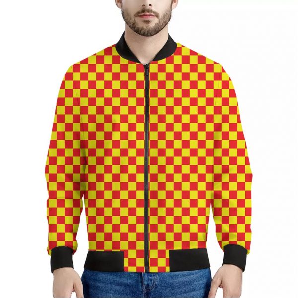 Red And Yellow Checkered Pattern Print Bomber Jacket