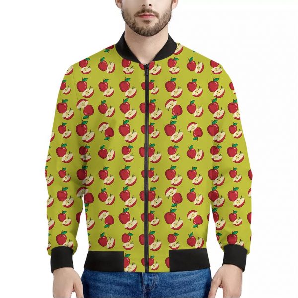 Red Apple Fruit Pattern Print Bomber Jacket