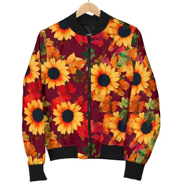 Red Autumn Sunflower Pattern Print Bomber Jacket