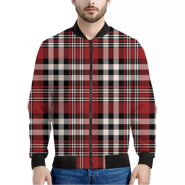 Red Black And White Border Tartan Print Bomber Jacket