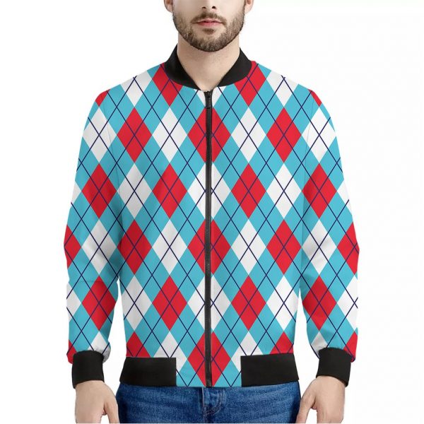 Red Blue And White Argyle Pattern Print Bomber Jacket
