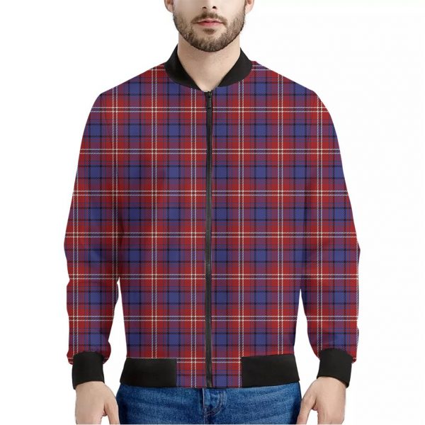 Red Blue And White Tartan Pattern Print Bomber Jacket