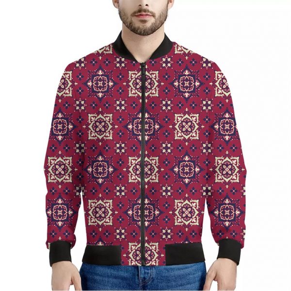 Red Boho Flower Pattern Print Bomber Jacket