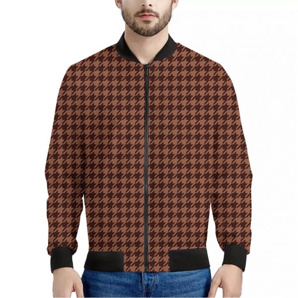 Red Brown Houndstooth Pattern Print Bomber Jacket