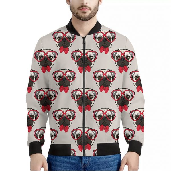 Red Glasses Pug Pattern Print Bomber Jacket
