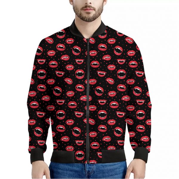 Red Halloween Vampire Lips Pattern Print Bomber Jacket