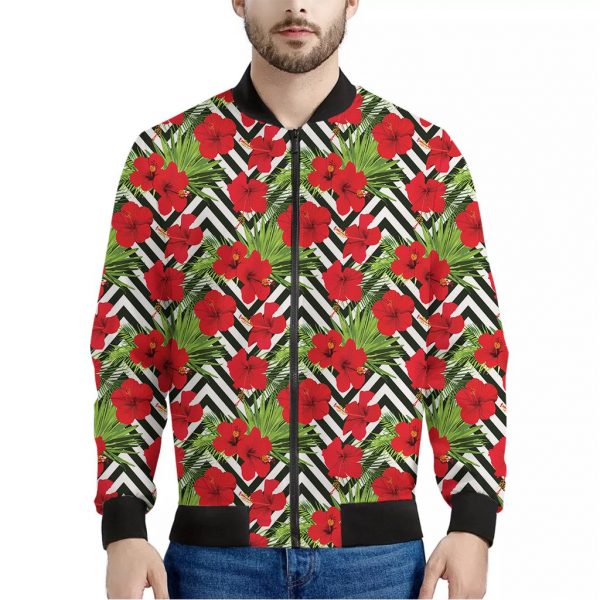 Red Hibiscus Chevron Pattern Print Bomber Jacket