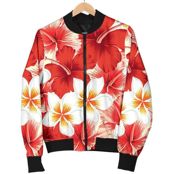 Red Hibiscus Plumeria Pattern Print Bomber Jacket