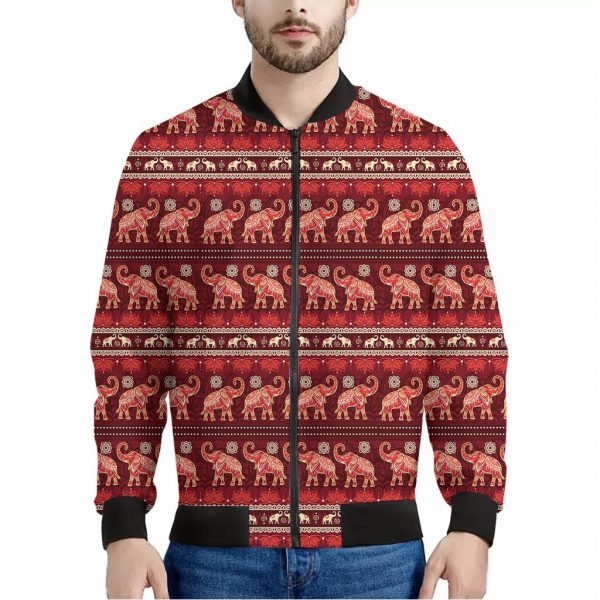 Red Indian Elephant Pattern Print Bomber Jacket