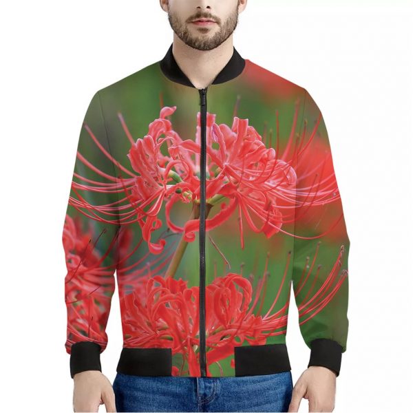 Red Japanese Amaryllis Print Bomber Jacket
