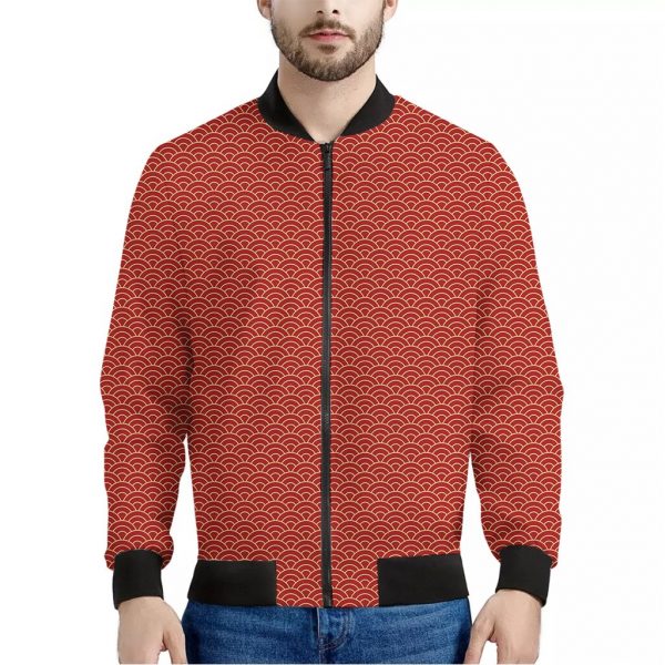 Red Japanese Wave Pattern Print Bomber Jacket