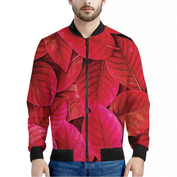 Red Leaf Print Bomber Jacket