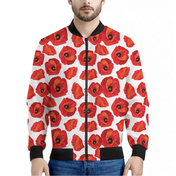 Red Poppy Pattern Print Bomber Jacket
