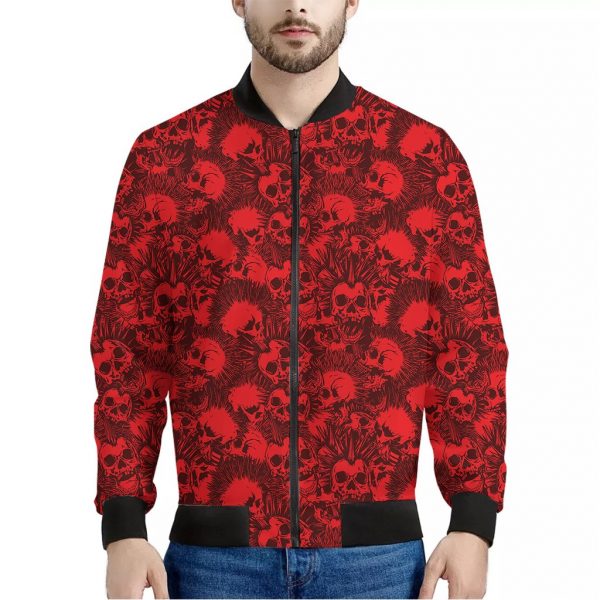 Red Punk Skull Pattern Print Bomber Jacket