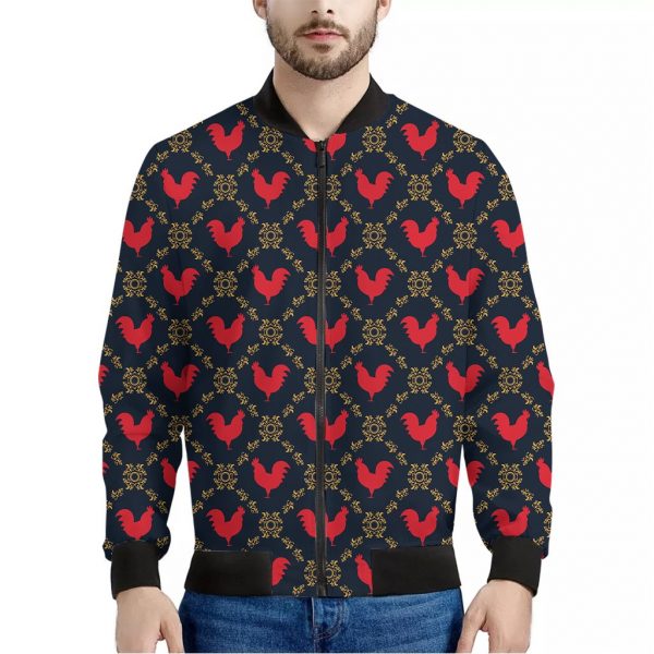 Red Rooster Pattern Print Bomber Jacket