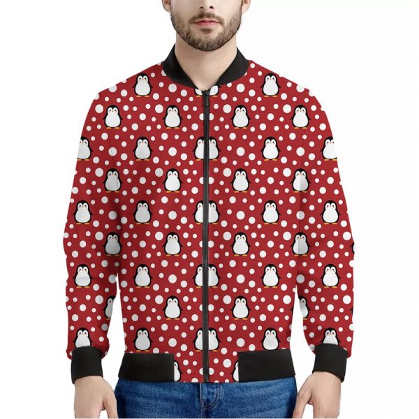 Red Snow Penguin Pattern Print Bomber Jacket