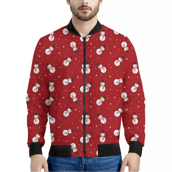 Red Snowman Pattern Print Bomber Jacket