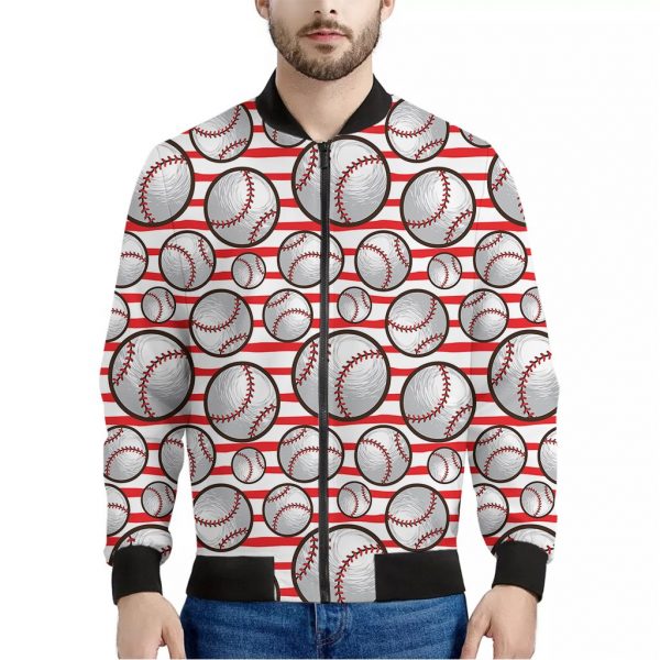 Red Striped Baseball Pattern Print Bomber Jacket