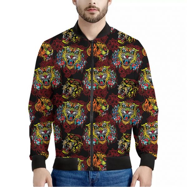 Red Tiger Tattoo Pattern Print Bomber Jacket
