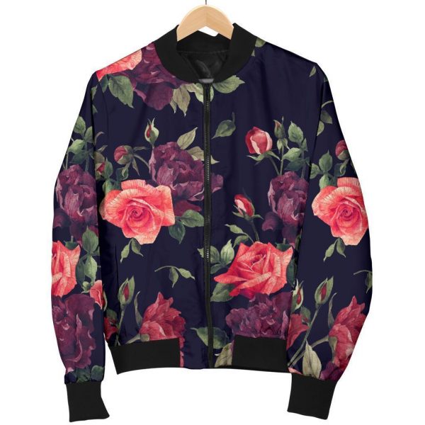 Red Violet Roses Floral Pattern Print Bomber Jacket