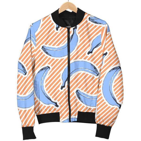 Retro Blue Banana Pattern Print Bomber Jacket