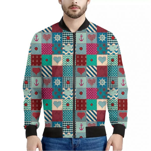 Retro Nautical Patchwork Pattern Print Bomber Jacket
