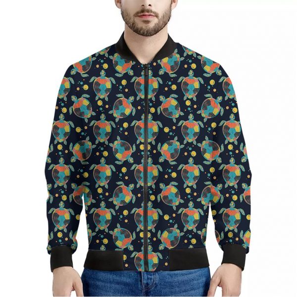 Retro Sea Turtle Pattern Print Bomber Jacket