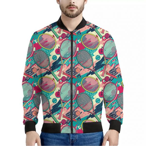 Retro Tennis Pattern Print Bomber Jacket
