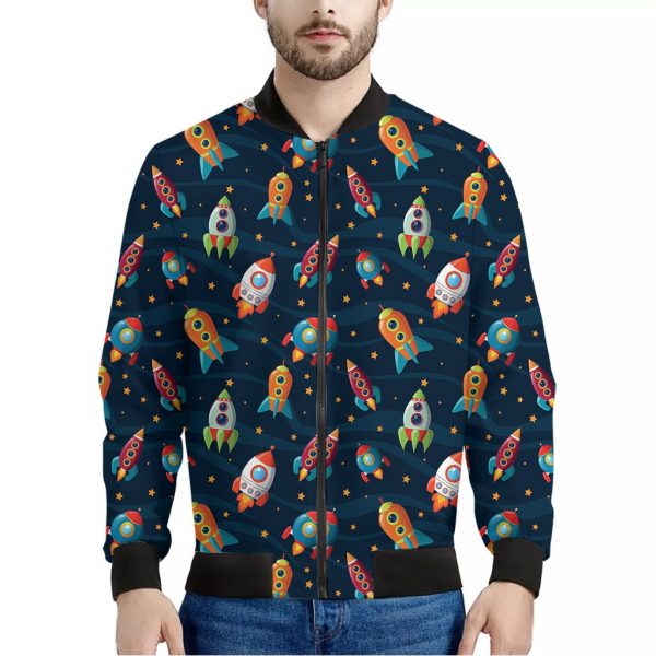 Rockets And Stars Pattern Print Bomber Jacket