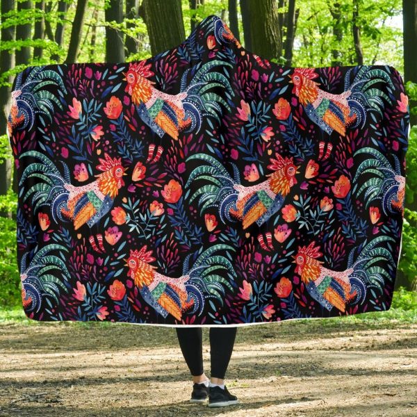 Rooster Hand Drawn Pattern Print Hooded Blanket Cloak Blanket