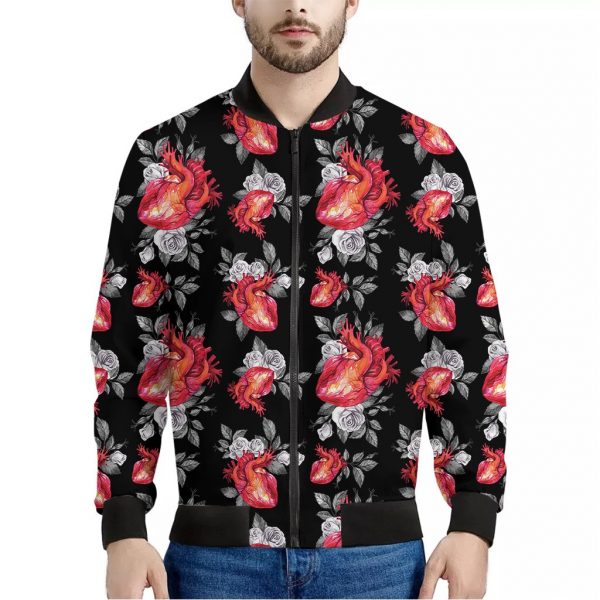 Rose And Heart Pattern Print Bomber Jacket